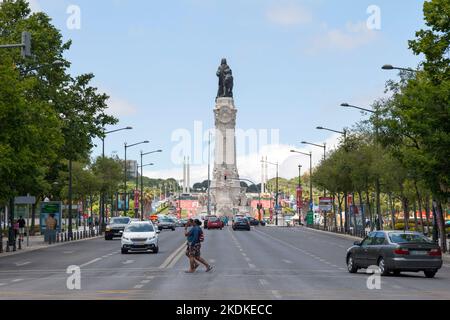 Lissabon, Portugal - 02 2018. Juni: Denkmal für den Marquis von Pombal in der Mitte des Kreisels. Stockfoto