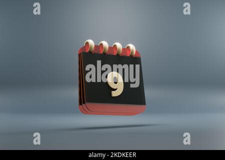 Schwarzer und roter Tischkalender mit Monatseinlagen und Datum 9. Modernes Design mit goldenen Elementen, 3D Rendering Illustration. Blauer grauer Hintergrund. Stockfoto