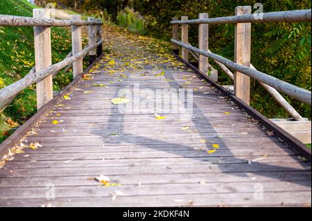 Holzbrücke für Fußgänger neben einer Straße im Grünen im Herbst, Herbst Naturlandschaft Stockfoto