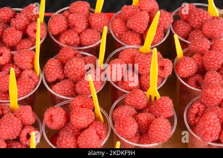 Himbeer-Dessert zum Verkauf Stockfoto