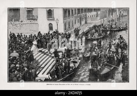Illustration eines Besuchs von Venedig von Francesco Crispi in Begleitung des Königs und der Königin von Italien, veröffentlicht 1899. Stockfoto