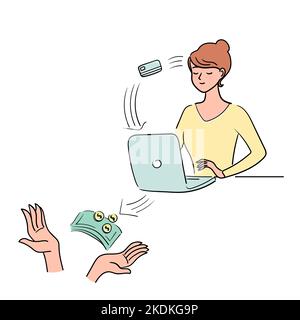 Junge Frau überweist online Geld. Das Geld erhalten. Internet-Bank. Stock flachen Vektor Illustration.Internet Betrüger.Online-Bank. Stock Vektor