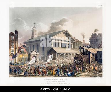 Covent Garden Market, Westminster Election (Tag). Ca. 1808. Nach einem Werk von August Pugin und Thomas Rowlandson im Londoner Mikrokosmos, erschienen in drei Bänden zwischen 1808 und 1810 bei Rudolph Ackermann. Pugin war der Künstler, der für die architektonischen Elemente in den Mikrokosmos-Bildern verantwortlich war; Thomas Rowlandson wurde beauftragt, die lebendigen menschlichen Figuren hinzuzufügen. Stockfoto