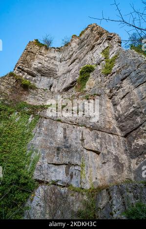 Hohe Kalksteinfelsen, teilweise bebaut, mit Höhleneingängen und künstlichen Eingängen für Bleiminen, in Middleton Dale, Stoney Middleton, Peak District. Stockfoto