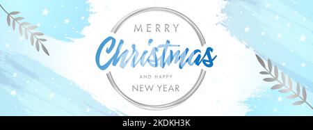 Fröhliche Weihnachtsschrift mit silbernem runden Rahmen, Blättern und Aquarellfarben. Frohes neues Jahr 2023, kreatives Design für Weihnachten Sale Banner Stock Vektor