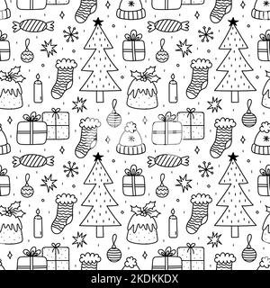 Niedliche Weihnachten nahtlose Muster mit Geschenken, Kugeln, Weihnachtspudding, Tannenbaum, Socken, Kerzen, Süßigkeiten, Schneeflocken, Sterne. Vektor-handgezeichneter Doodle Stock Vektor