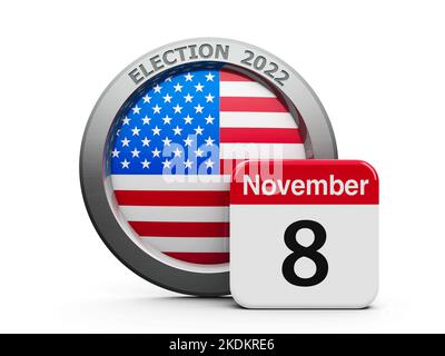 Emblem der USA mit Kalenderknopf - der 8. November - stellt den Midterm Election Day 2022 in den USA dar, dreidimensionale Darstellung, 3D Stockfoto