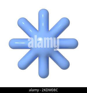 3D blaues Schneeflocken-Symbol. 3D Schneewitterungselement isoliert auf weißem Hintergrund. Realistisches glänzendes Plastik 3D Render Design Illustration für Forecast, SoC Stockfoto