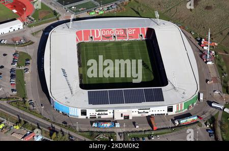 Luftaufnahme des Doncaster Rovers Fußballplatz - das Eco-Power Stadium Stockfoto