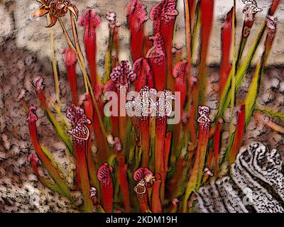 Illustrative mehrfarbige Röhrenfallen der mehrjährigen Garten fleischfressende Gartenpflanze Sarracenia × mitchelliana Mitchells Kannenpflanze. Stockfoto