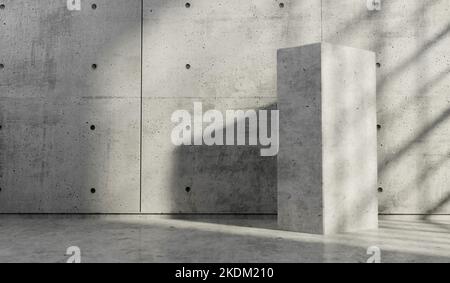 Abstrakt leerer, moderner Betonraum mit Sonnenlicht aus einem Fenster. Industrieller Innenhintergrund, 3D Rendering Stockfoto