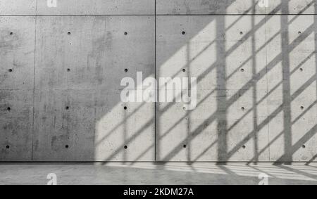 Abstrakt leerer, moderner Betonraum mit Sonnenlicht aus einem Fenster. Industrieller Innenhintergrund, 3D Rendering Stockfoto