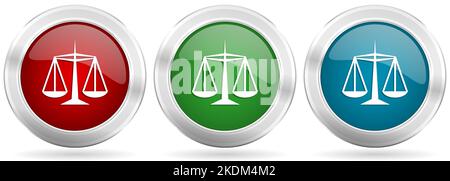 Justice-Vektor-Symbolsatz. Rote, blaue und grüne silberne Metallic-Web-Knöpfe mit Chromrand Stock Vektor
