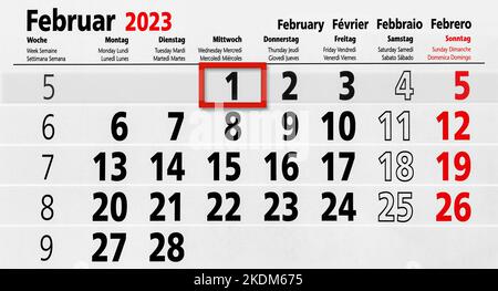 Deutscher Kalender 2023. Februar 1 und Montag Dienstag Mittwoch Donnerstag Freitag Samstag Sonntag Stockfoto
