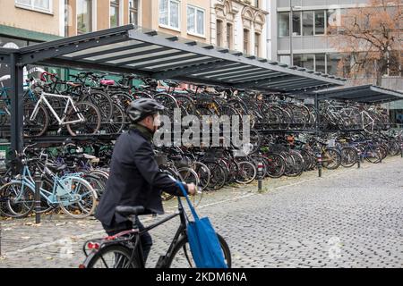 Zweigeschossiger Fahrradparkplatz vor dem Bahnhof Köln-Sued an der Luxemburger Straße, Bike & Ride Anlage, Köln, Deutschland. Doppelte Fa Stockfoto