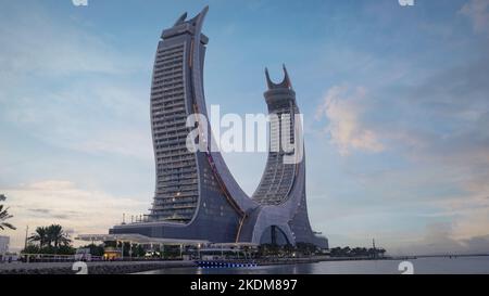 Lusail, Katar- Mai 15,2022: Die neue Entwicklungsstadt Lusail mit vielen neuen Türmen im Bau. Stockfoto