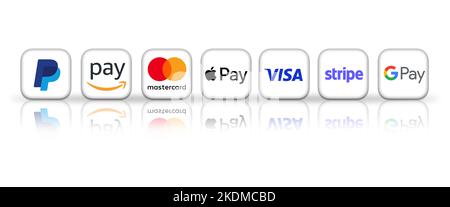Zahlungssystem in Amerika über Stripe, Paypal, Mastercard, Apple Pay, Google Pay und Visa Stockfoto