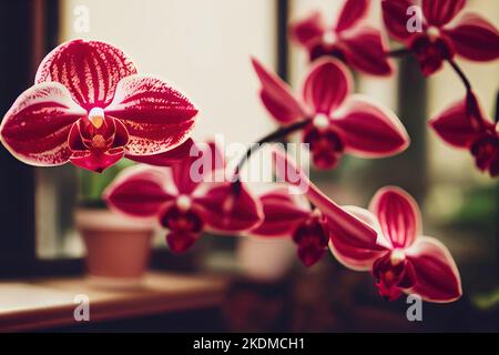 Nahaufnahme einer schönen Miniatur-Orchideenpflanze mit roter panaenopsis in Blüte. Stockfoto