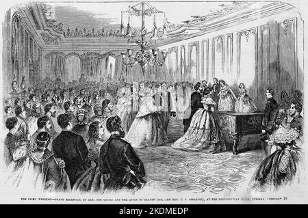 Die Feenhochzeit - großer Empfang von General Tom Thumb und der Königin der Schönheit, im Metropolitan Hotel, Dienstag, 10.. Februar 1863. Hochzeit von Tom Thumb (Charles Sherwood Stratton) und Lavinia Warren. 19.. Jahrhundert Illustration aus Frank Leslie's Illustrated Newspaper Stockfoto