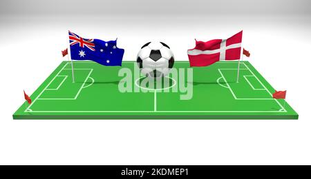 Australien gegen Dänemark Fußballspiel FIFA World Cup Qatar 2022, Fußballfeld, 3D Arbeit und 3D Bild, Eriwan, Armenien - 2022. November 07 Stockfoto