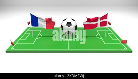 Frankreich gegen Dänemark Fußballspiel FIFA World Cup Qatar 2022, Fußballfeld, 3D Arbeit und 3D Bild, Eriwan, Armenien - 2022. November 07 Stockfoto