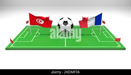 Tunesien gegen Frankreich Fußballspiel FIFA World Cup Qatar 2022, Fußballfeld, 3D Arbeit und 3D Bild, Eriwan, Armenien - 2022. November 07 Stockfoto