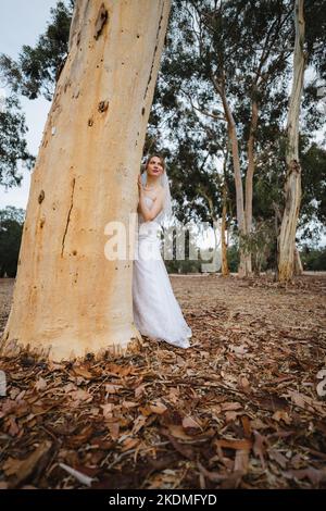 Entlaufende Braut in Eucalyptus Grove Stockfoto