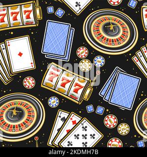 Vektor-Gamble nahtlose Muster, quadratische Wiederholung Hintergrund mit Abbildung der flachen Lay europäischen Roulette-Rad, bunte Casino-Münzen, blau Glücksspiel c Stock Vektor