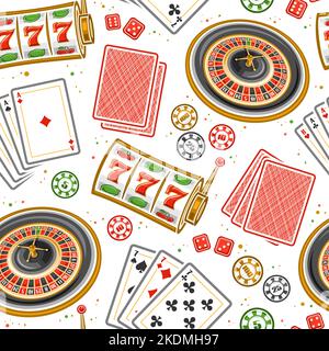 Vektor-Gamble nahtlose Muster, quadratische Wiederholung Hintergrund mit Abbildung der flachen Lay europäischen Roulette-Rad, bunte Casino-Münzen, rote Glücksspiel Cu Stock Vektor