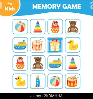 Memory-Spiel, pädagogische Mini-Spiele für Kinder mit Kinderspielzeug Stock Vektor