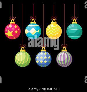 Sammlung von Weihnachtskugel Cartoon Vektor. Weihnachtskugel Ornamente Party Dekoration Vektor. Set mit Weihnachtskugeln, Dekorationen auf einem schwarzen Backgr Stock Vektor