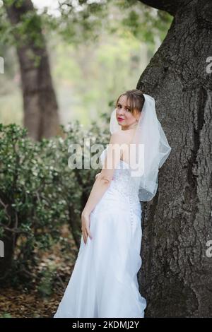 Braut schiebt gegen Eiche in einem Kaktusgarten Stockfoto