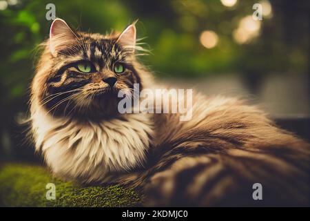 Sibirische Katze, die bei Sonnenuntergang im Garten auf dem Gras sitzt Stockfoto