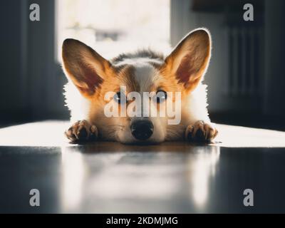 Pembroke Welsh Corgi, der in einer Sonneneinstrahlung auf dem Boden liegt Stockfoto