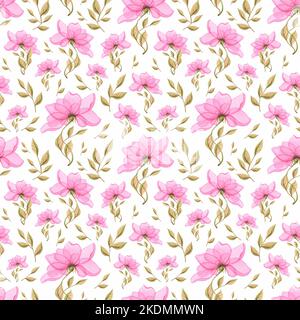 Stilisierte Blume, zart, rosa mit grünen Blättern. Nahtloses Muster, auf weißem Hintergrund, Frühling, leicht, einfach. Aquarell. Für Stoff, Textilien Stockfoto