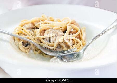 Spaghetti mit Pilzen und Huhn Stockfoto
