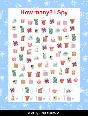 Weihnachten spioniere ich, wie viele Geschenke zählen pädagogisches Spiel für Kinder mit Winterelementen, Vektor-Illustration pädagogisches Puzzle, druckbares Arbeitsblatt f Stock Vektor