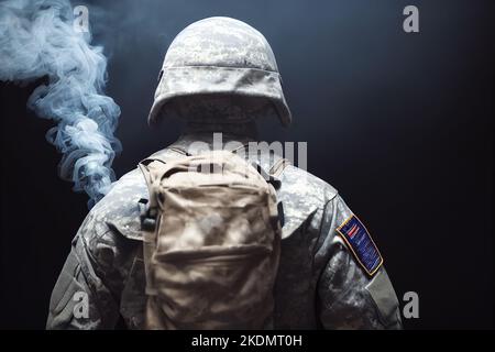 Soldat hält Maschinengewehr und schaut zu schießen Stockfoto