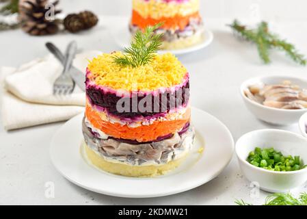 Geschichteter Salat mit Rüben, Hering, Karotten und Kartoffeln. Traditioneller russischer Shuba-Salat Stockfoto