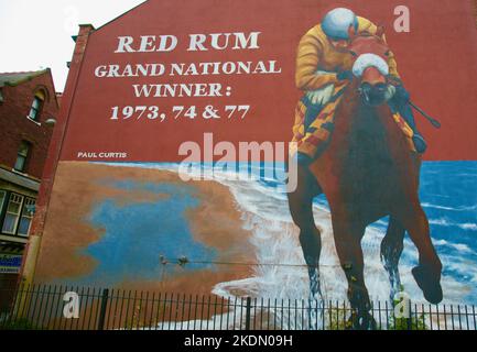 Ein Wandgemälde von Paul Curtis mit dem dreifachen Grand National Gewinner Red Rum Stockfoto