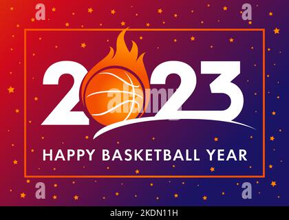 Frohes Basketball Jahr 2023. Sport Cover Hintergrund Logo 2023 mit Ball in Feuer und orange Sterne. Vektor-Illustration für Turnier-Banner Stock Vektor