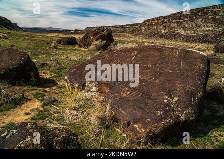 Wees Bar Petroglyphen entlang des Snake River in Idaho in der Nähe des Celebritation Park Stockfoto