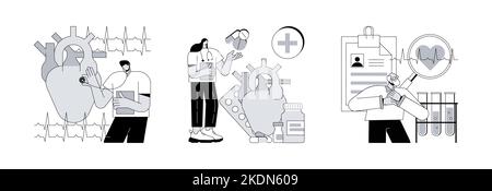 Kardiovaskuläre Krankheit abstraktes Konzept Vektor-Illustrationsset. Diagnose und Behandlung von Herzerkrankungen, kardiale Patientenkarte, Herzfrequenz und Brustschmerzen, Stresstest, abstrakte Metapher des Krankenhauses. Stock Vektor