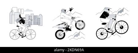 Active Lifestyle abstraktes Konzept Vektor Illustration Set. Rennrad, Motocross und Downhillfahren, Enduro Dirt Bike, Mountain-Freeride, Fast Track, Extremsport, urbaner Transport abstrakte Metapher. Stock Vektor