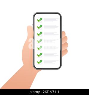 Grüne Checkliste Smartphone. Übersichtsvektordarstellung. Grünes Häkchen. Flache Checkliste Smartphone für Web-Design. Kundendienst. Stock Vektor
