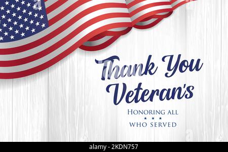 Danke Veteranen, Grußkarte mit Fahne auf Holzbrett. Veteranen-Tag, zu Ehren aller, die gedient haben. Webbanner mit Text und Flagge USA. Vektor Stock Vektor