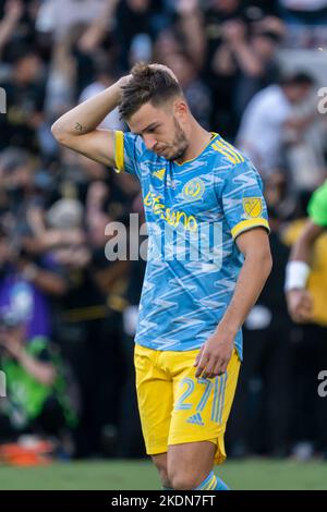 Der Verteidiger der Philadelphia Union Kai Wagner (27) reagiert, nachdem er während des MLS-Cup-Spiels gegen den FC Los Angeles am Samstag, Novembe, einen Elfmeterstoß verpasst hat Stockfoto