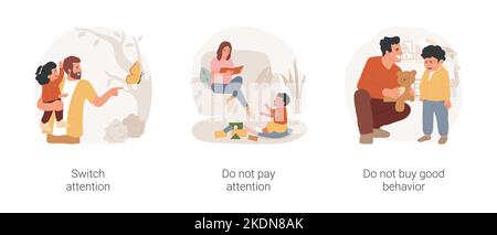 Kind Launen und Impulse isoliert Cartoon Vektor Illustration Set. Eltern befassen sich mit Kind Launen, wechseln Stimmung, Zeigefinger, nicht darauf achten, Mama weg von Kleinkind Vektor-Cartoon schauen. Stock Vektor