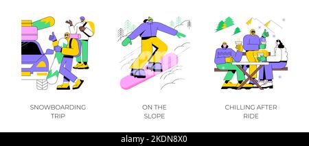 Winter Sport isoliert Cartoon Vektor Illustrationen Set. Gruppe von verschiedenen Freunden bereiten Urlaub, Snowboard-Reise, Reiten auf der Piste, Outdoor-Winter-Aktivitäten, Abenteuerpark Vektor-Cartoon. Stock Vektor