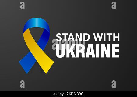 Stehe mit der Ukraine. Anti war Call mit dem Smbol des Friedens mit blauem und gelbem Seidenband. Farben Der Ukrainischen Flagge. Kampf, Protest, Unterstützung Der Ukraine Stock Vektor